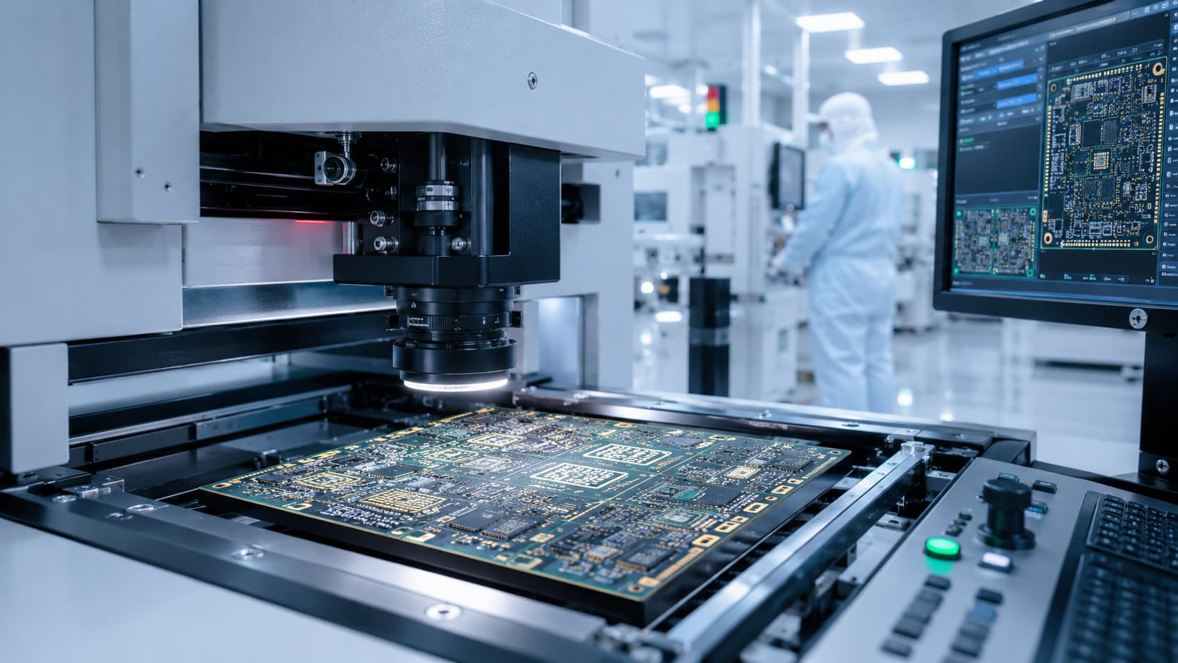 Automated optical inspection system analyzing a fine-pitch high-frequency PCB in a cleanroom manufacturing facility, with inspection software displaying circuit board details on a monitor.