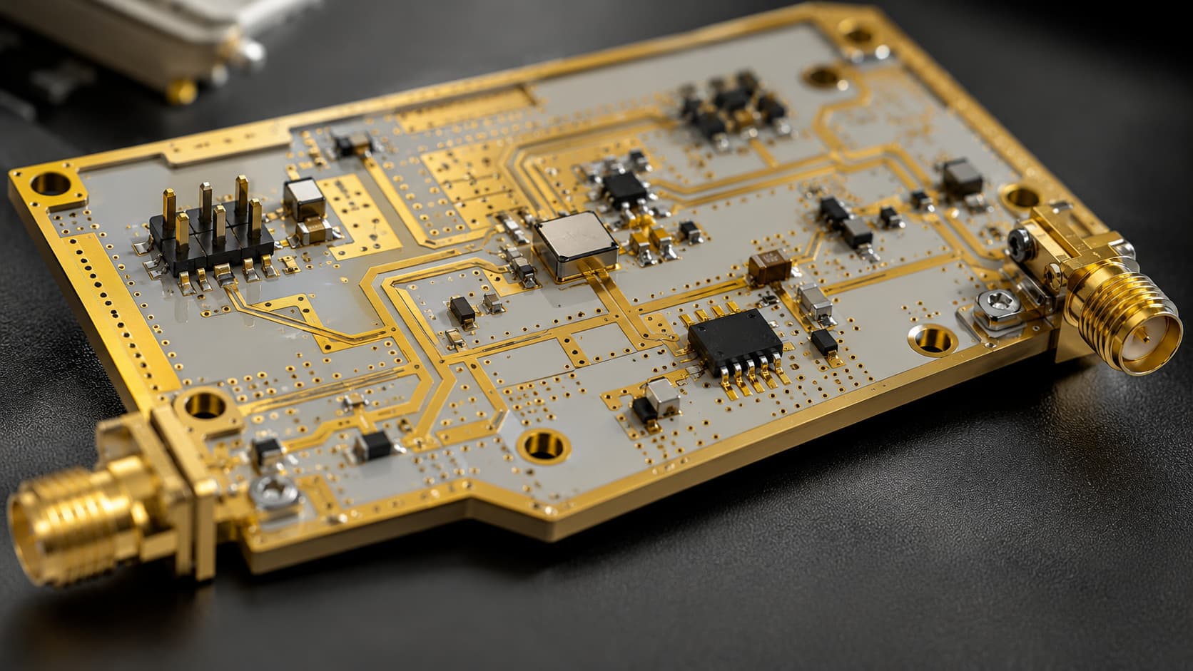 Close-up view of a high-precision RF front-end module using a gold-plated Rogers substrate, showing clean microstrip trace edges, SMA connectors, surface-mounted components, and plated through-holes for high-frequency signal applications.