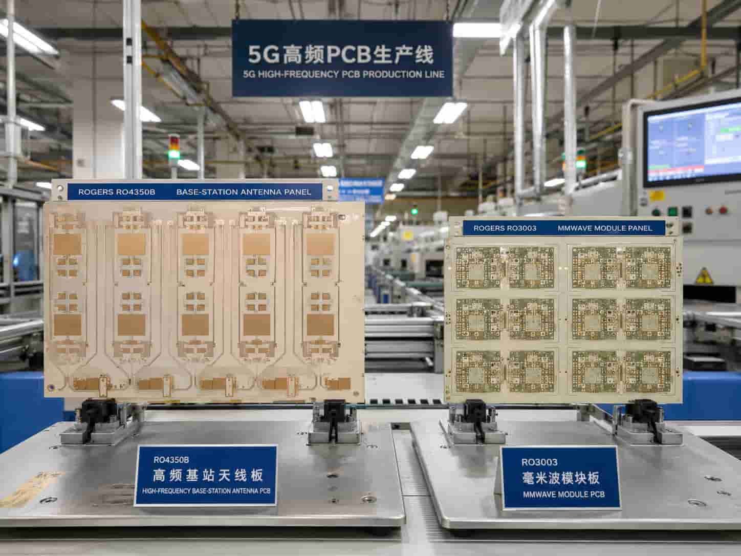 Riching PCB factory 5G high frequency PCB manufacturing showing Rogers RO4350B base station antenna PCB and Rogers RO3003 mmWave module production for 5G NR infrastructure and device applications