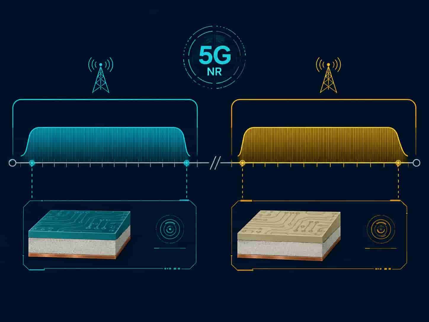 5G PCB frequency band diagram showing FR1 sub-6GHz bands using Rogers RO4350B and FR2 mmWave 24-39GHz bands using Rogers RO3003 PTFE for 5G NR high frequency circuit board design