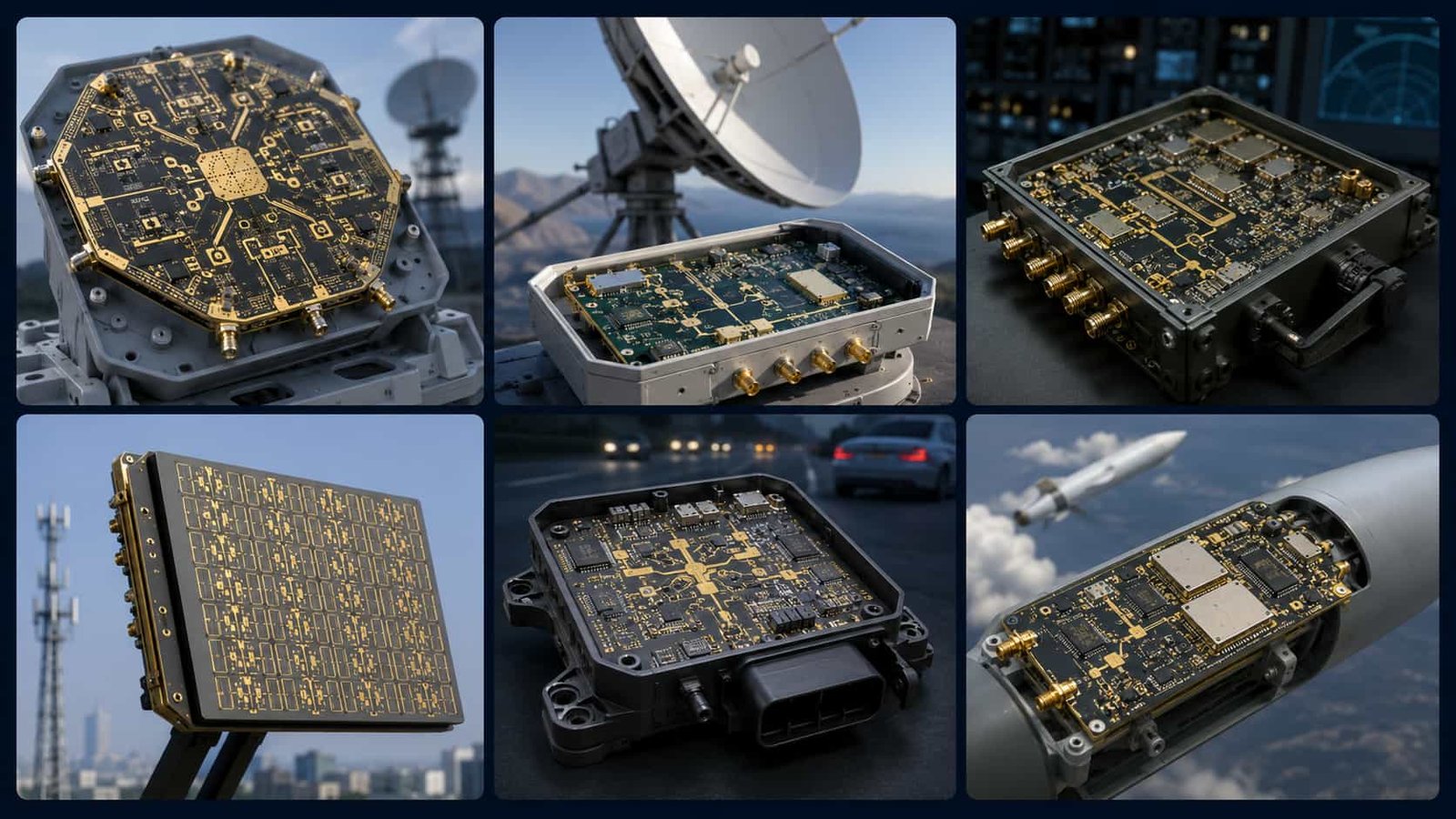 High frequency PCB applications overview showing radar systems satellite communication electronic warfare 5G base station automotive radar and defense aerospace circuit boards manufactured on Rogers and PTFE materials
