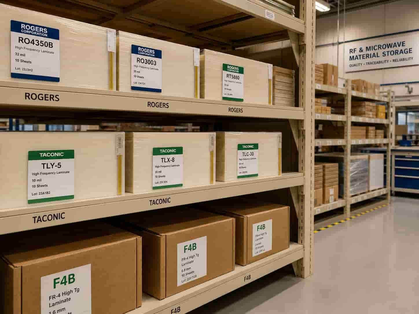 Riching PCB factory high frequency PCB material inventory showing Rogers RO4350B RO3003 RT5880 Taconic TLY-5 and F4B laminate sheets in production storage for RF microwave and aerospace PCB manufacturing