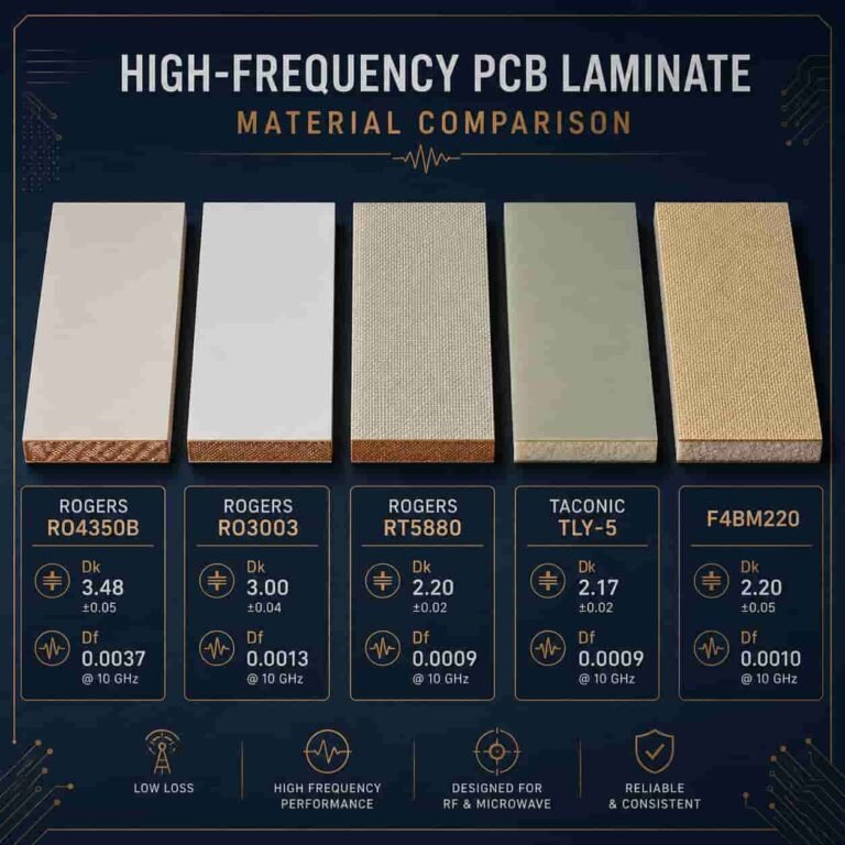 High frequency PCB materials for RF applications showing Rogers RO4350B RO3003 RT5880 Taconic TLY-5 and F4B laminate selection guide for microwave aerospace defense and commercial PCB design