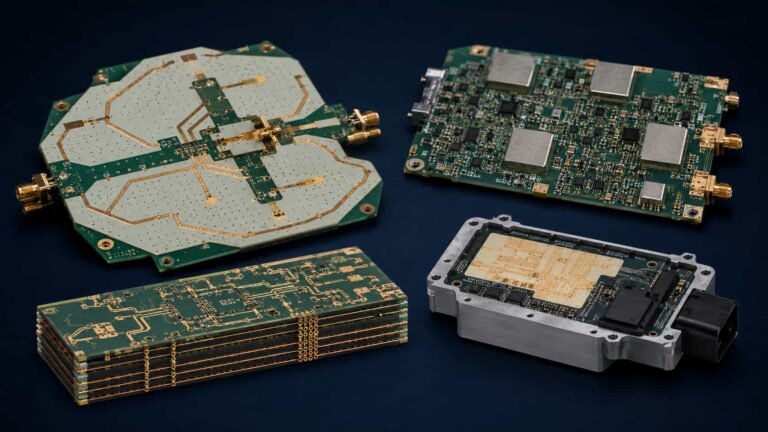 High frequency PCB overview showing Rogers RO4350B PTFE and microwave circuit board materials applications and manufacturing for RF radar satellite communication aerospace and 5G applications