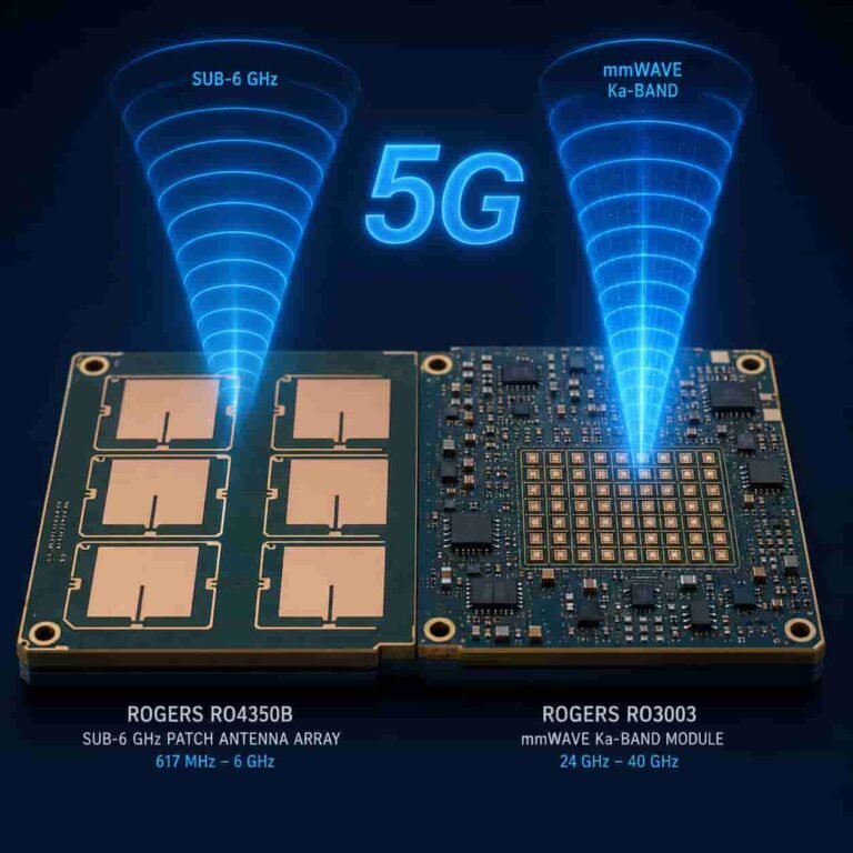 High frequency PCB for 5G communication devices showing Rogers RO4350B for sub-6GHz base station antenna and Rogers RO3003 PTFE for 5G mmWave 28GHz and 39GHz front-end module applications
