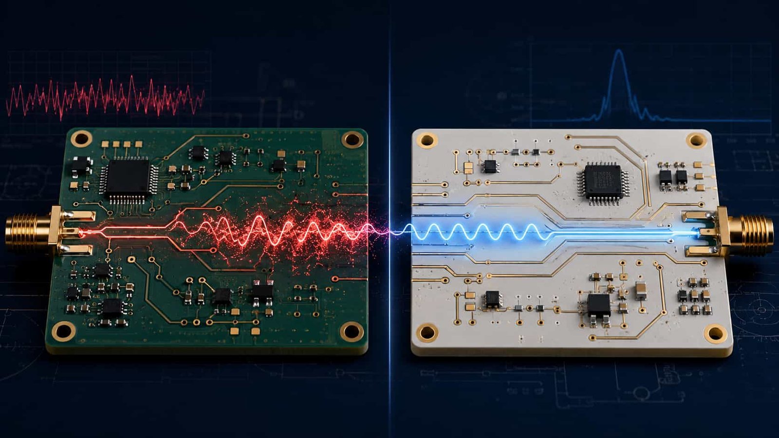 High frequency PCB comparison showing why RF and microwave circuits require special Rogers PTFE and high frequency laminate materials instead of standard FR4 for controlled impedance low loss signal transmission