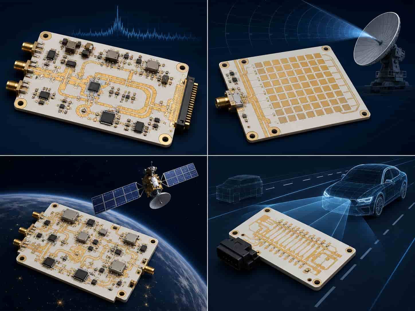 PTFE PCB applications showing aerospace defense electronic warfare radar and satellite communication high frequency circuit boards manufactured using Rogers RT5880 and RO3003 PTFE laminate