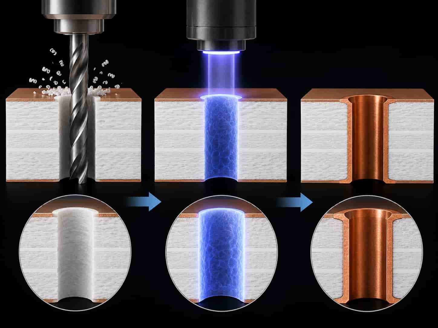 PTFE PCB manufacturing showing plasma activation process for hole wall preparation before copper plating in high frequency RF and microwave circuit board production