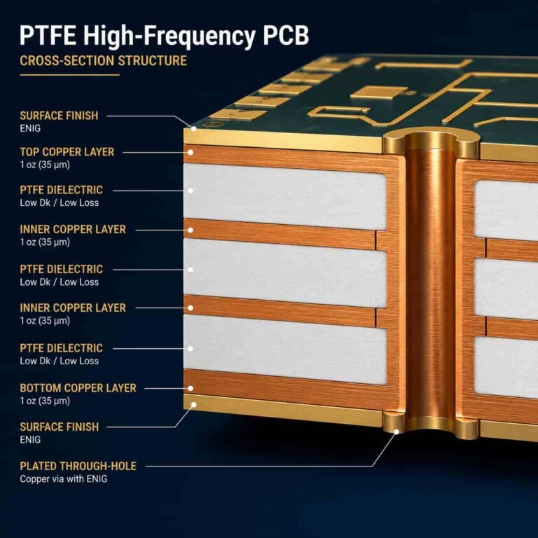 PTFE PCB material cross-section showing polytetrafluoroethylene laminate structure Rogers RT5880 and RO3003 PTFE substrate for high frequency RF microwave aerospace and defense circuit board applications