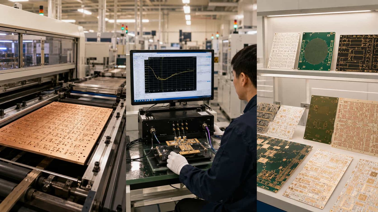 Riching PCB direct factory overview showing Rogers RO4350B PTFE RO3003 RT5880 Taconic and F4B high frequency PCB production with plasma activation controlled impedance TDR verification and IPC Class 3 quality