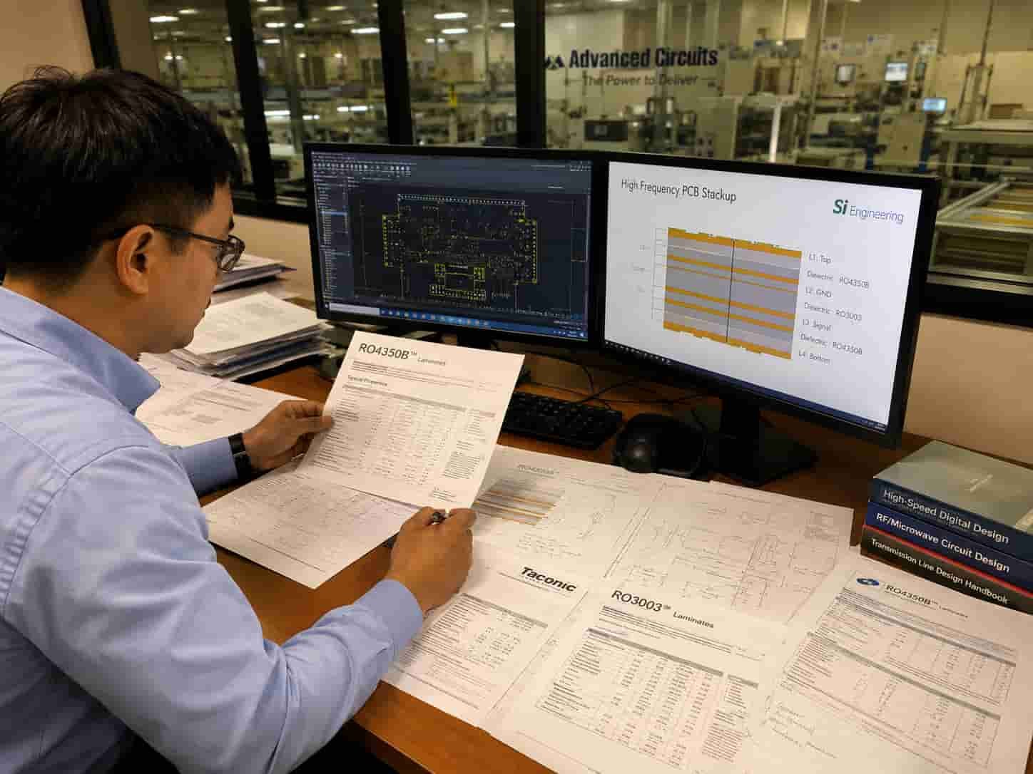 Riching PCB factory engineer reviewing high frequency PCB material specification Rogers RO4350B or RO3003 PTFE stackup for RF microwave aerospace or defense application before board manufacturing
