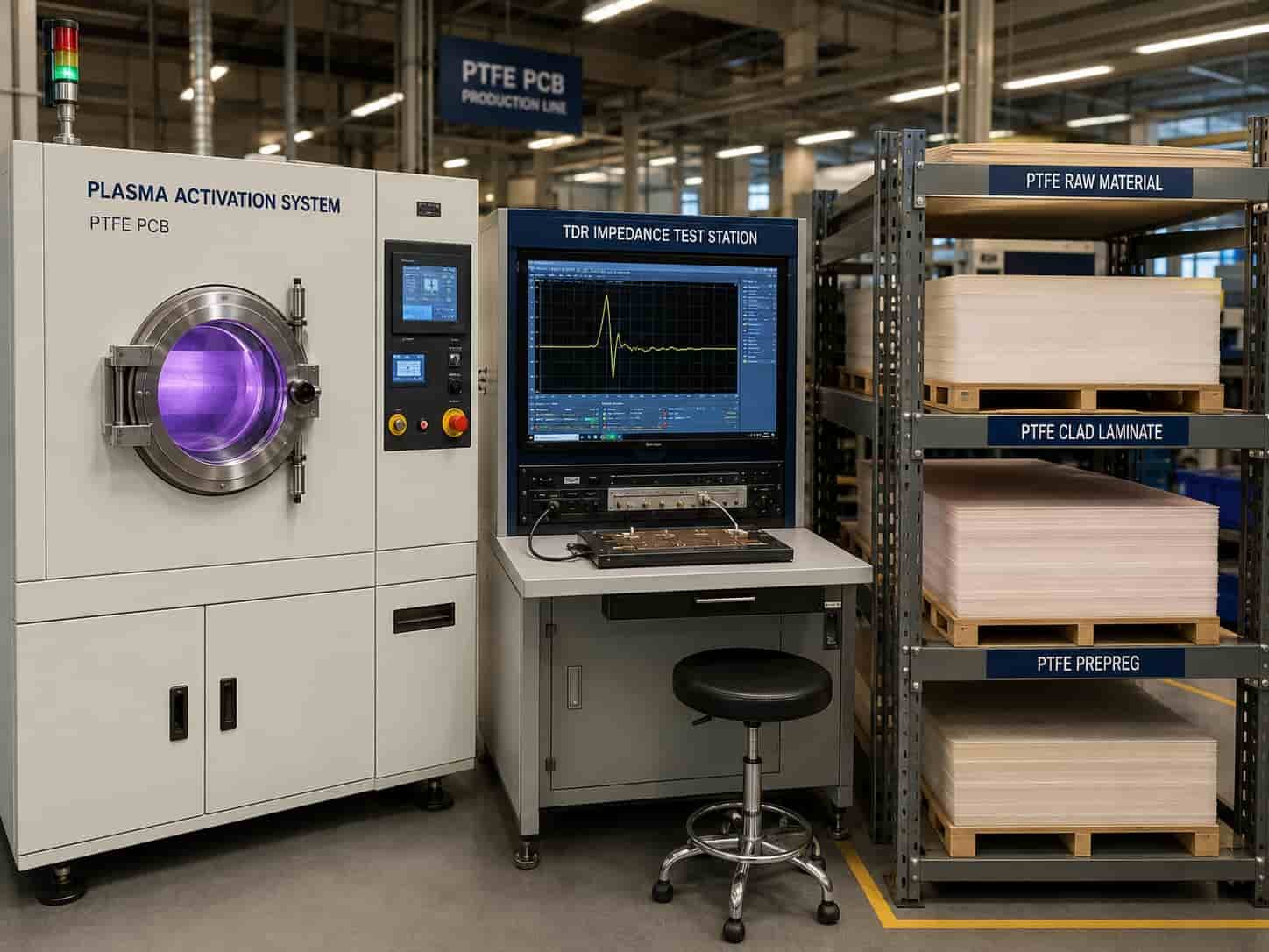 Riching PCB factory PTFE PCB production showing plasma activation equipment and TDR controlled impedance testing station for Rogers RT5880 RO3003 and Taconic TLY-5 high frequency circuit board manufacturing