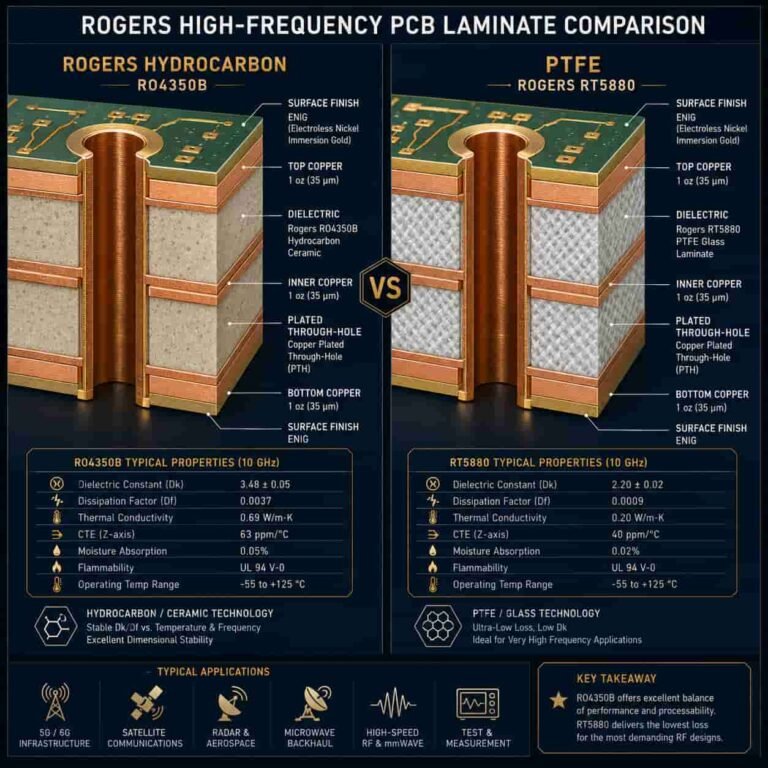 Rogers PCB versus PTFE PCB comparison showing Rogers RO4350B hydrocarbon and Rogers RT5880 PTFE laminate material properties for high frequency RF microwave aerospace and defense PCB selection