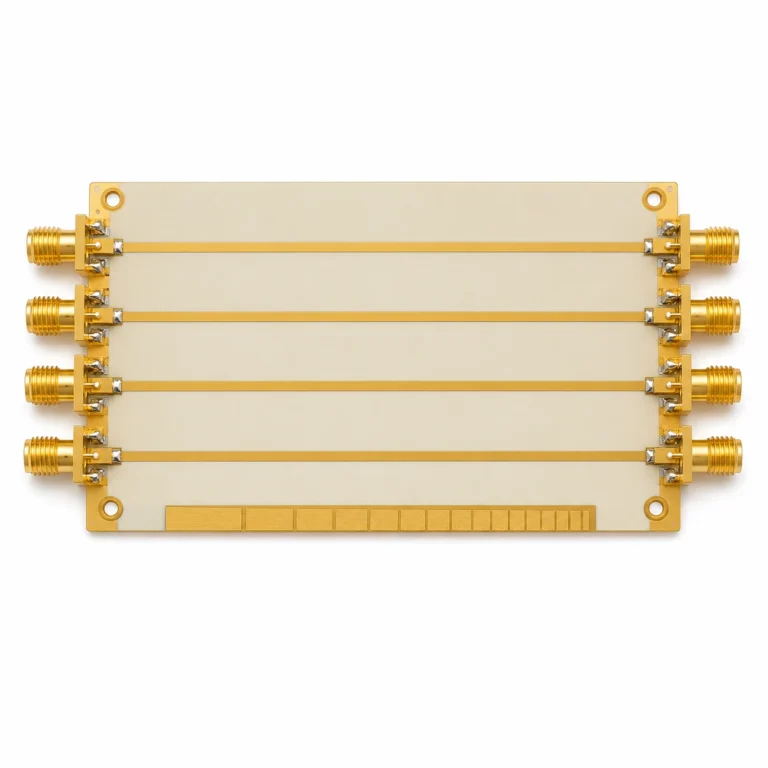 Controlled impedance RF PCB with 50 ohm microstrip traces on Rogers RO4350B substrate and TDR test coupons