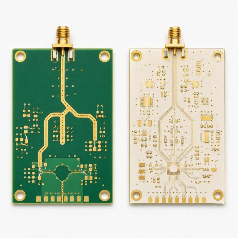 Rogers PCB vs PTFE PCB comparison showing RO4350B hydrocarbon ceramic board and RO3003 PTFE substrate side by side