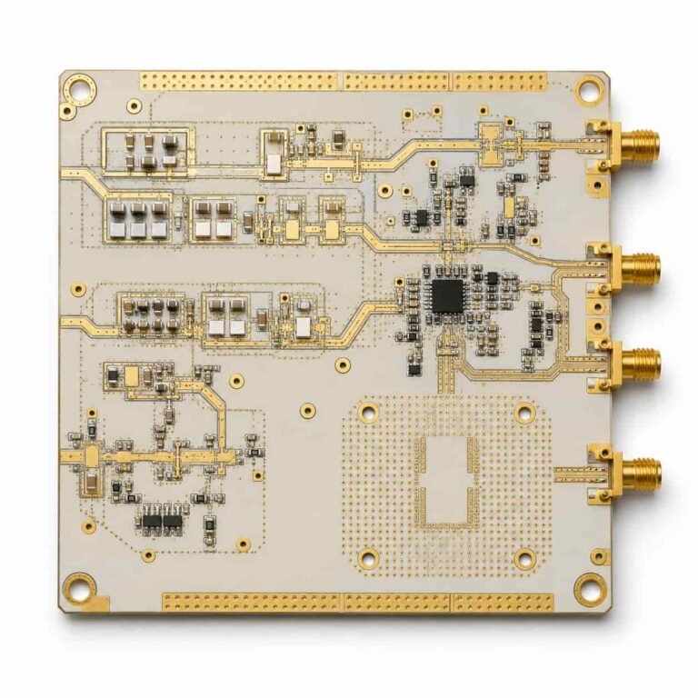 Wireless base station PCB manufacturer showing RF front-end board on Rogers RO4350B substrate with power amplifier and filter matching network