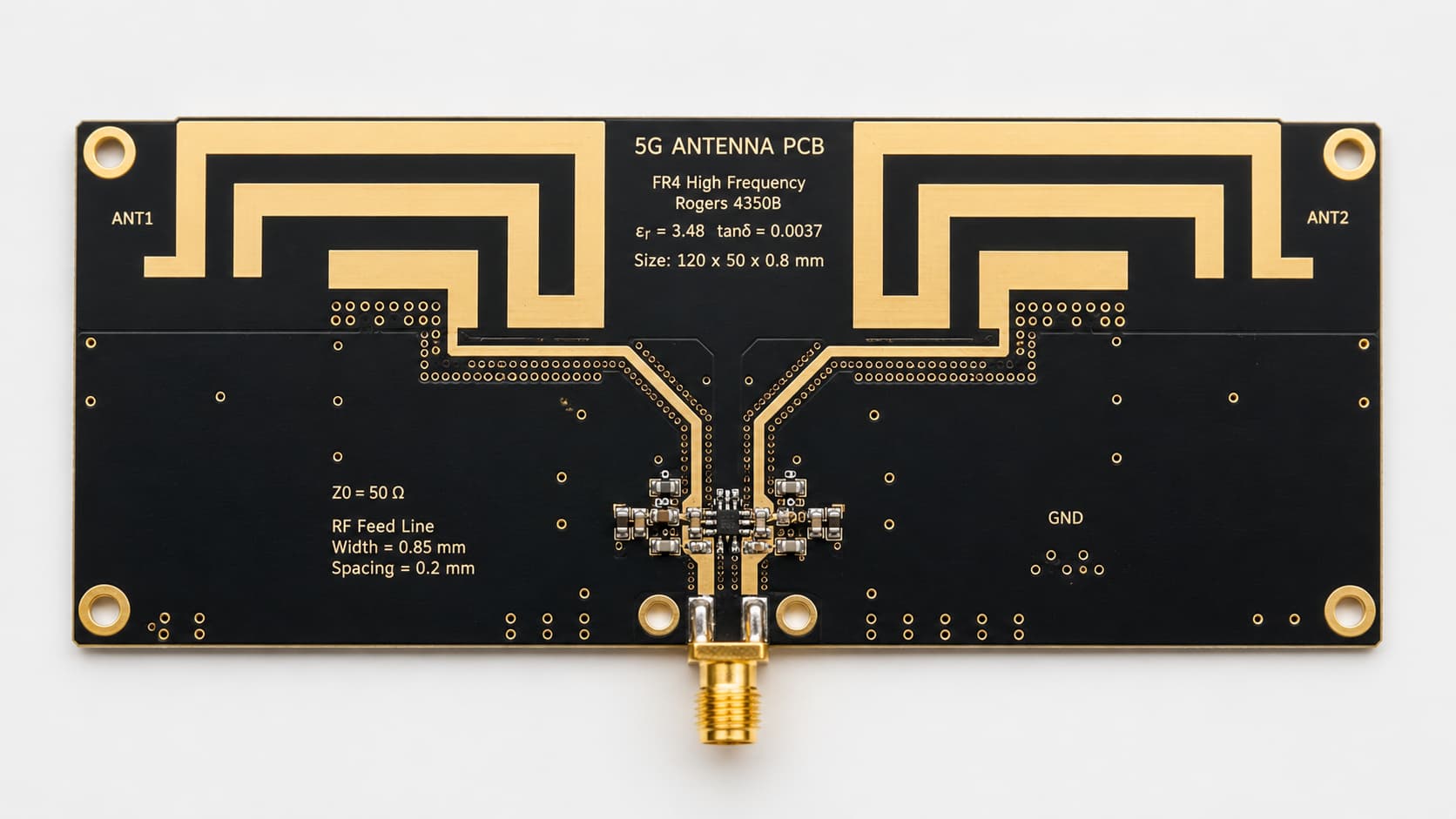 5G antenna PCB with RF feed line controlled impedance trace ground vias and high frequency material