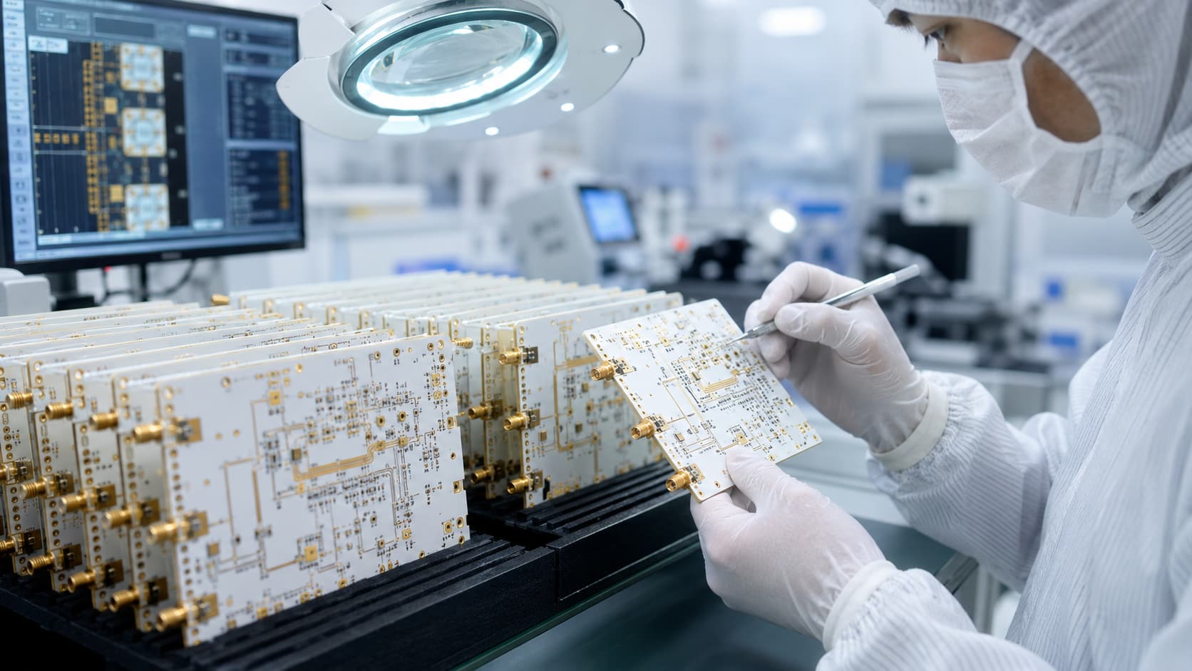 A batch of finished high-frequency PTFE circuit boards undergoing final quality inspection in a cleanroom.