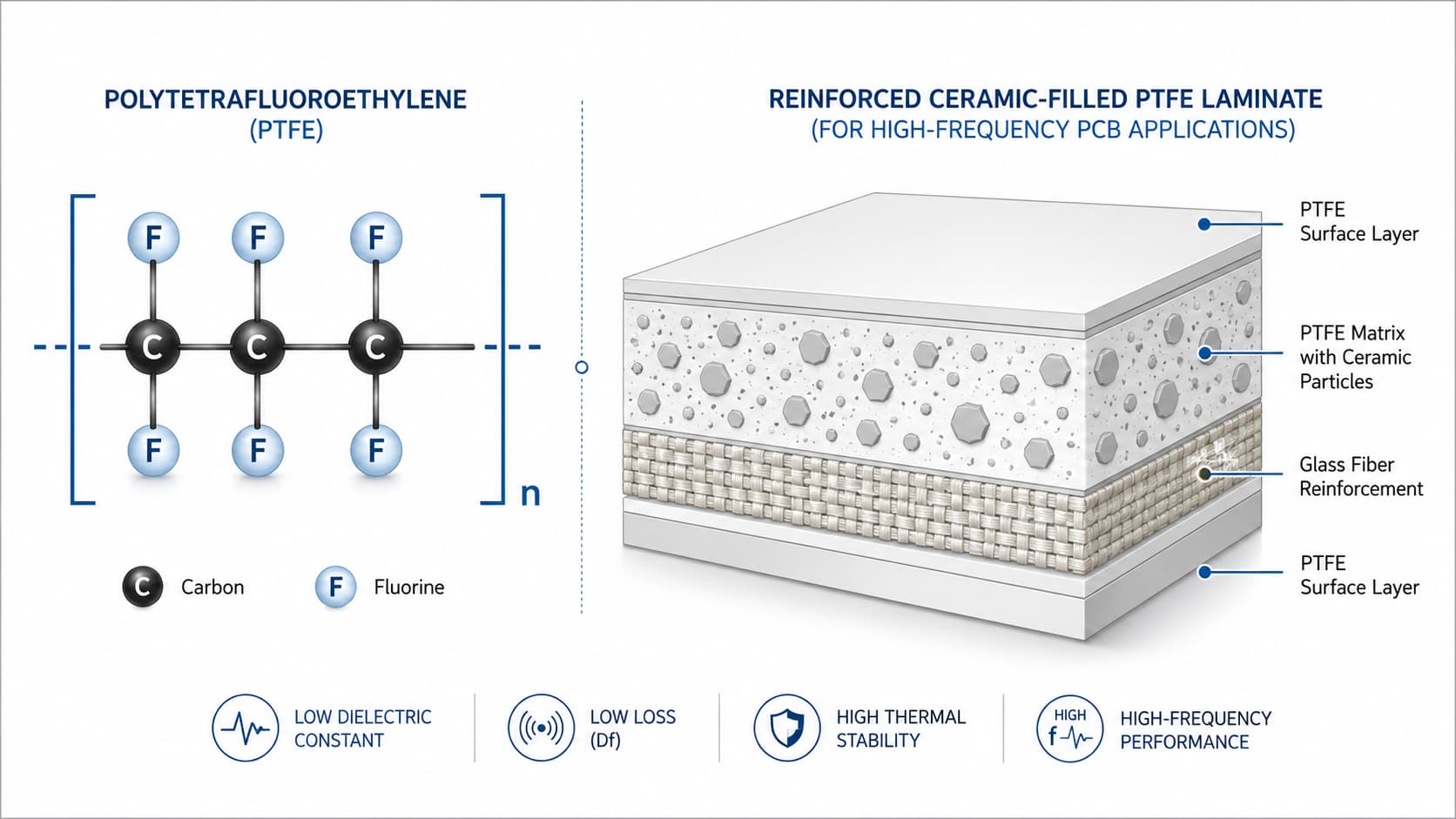A diagram showing the molecular structure of PTFE alongside a reinforced ceramic matrix laminate layer.