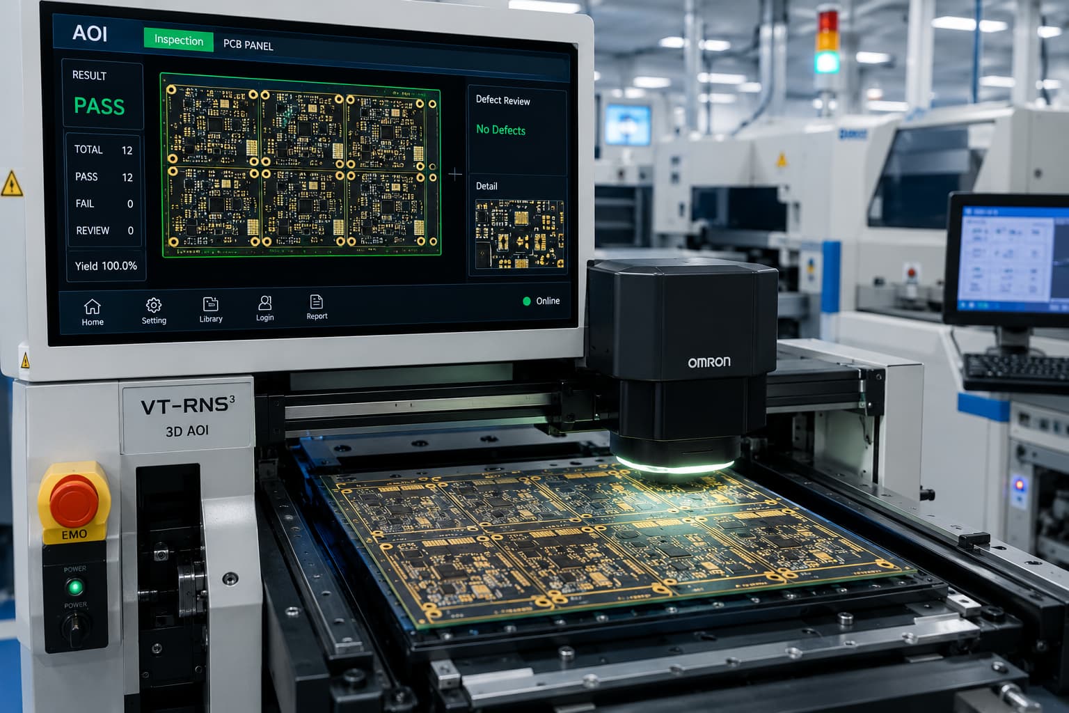 A manufacturing assembly line demonstrating automated optical inspection (AOI) verification of an RF circuit panel.
