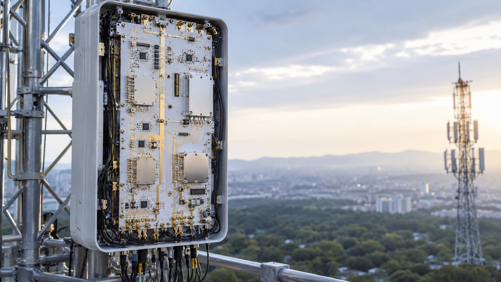 A modern 5G base station antenna panel utilizing high-precision PTFE circuit boards.