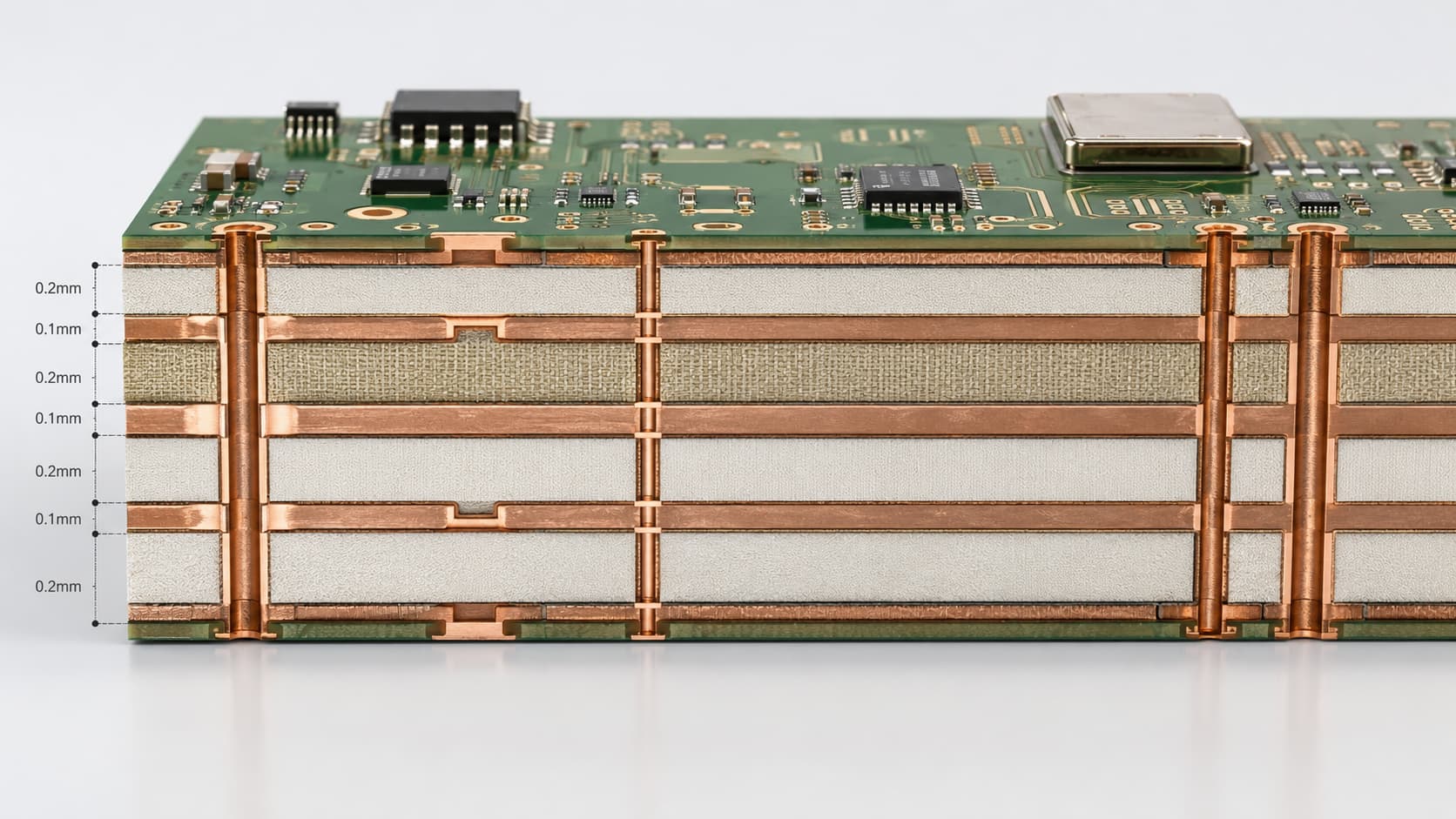 A multi-layer RF PCB cross-section showing precise dielectric layers between ground planes.