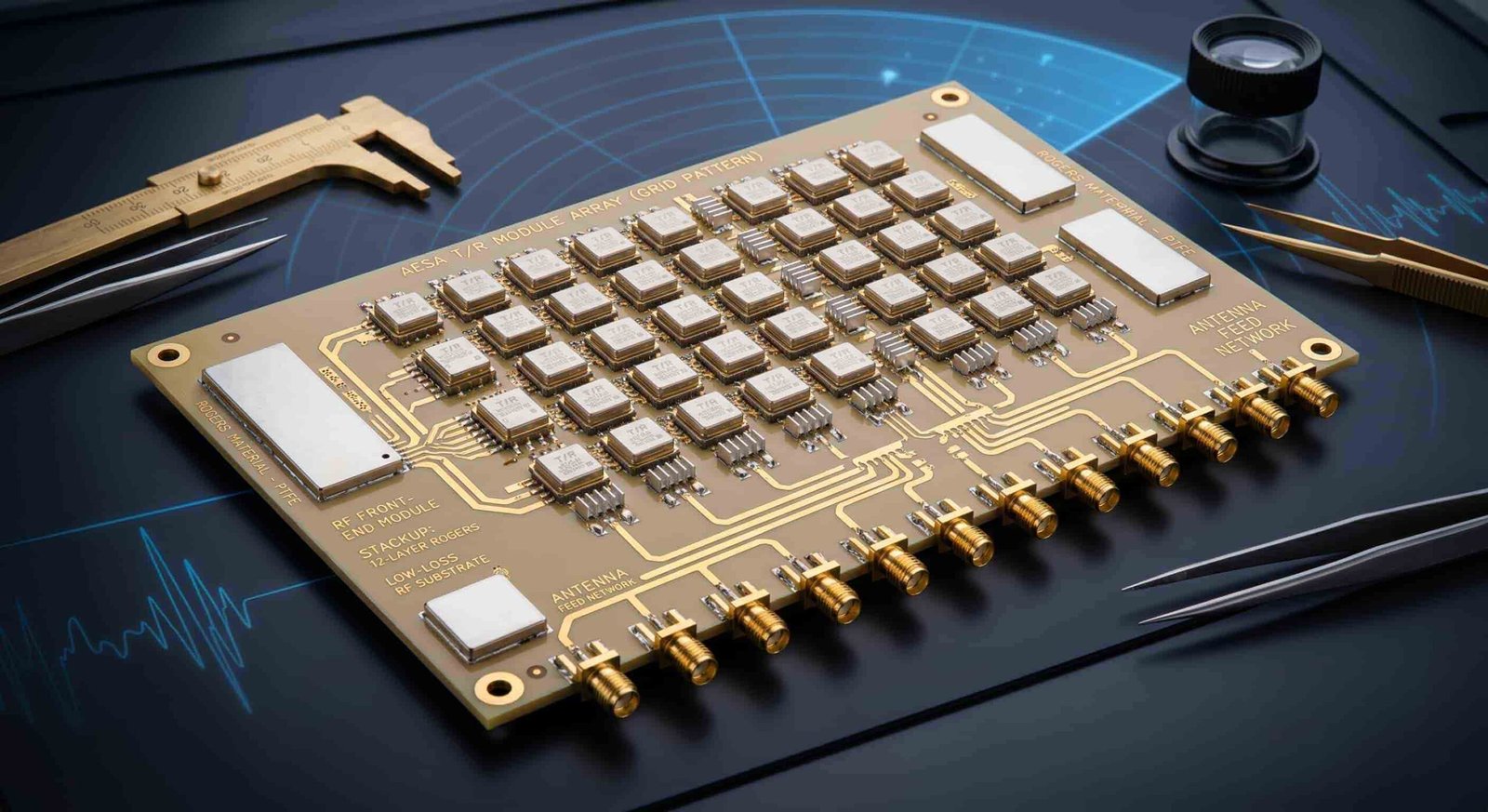 AESA phased array radar PCB showing transmit receive T/R module layout with Rogers low-loss laminate for active electronically scanned array defense radar systems