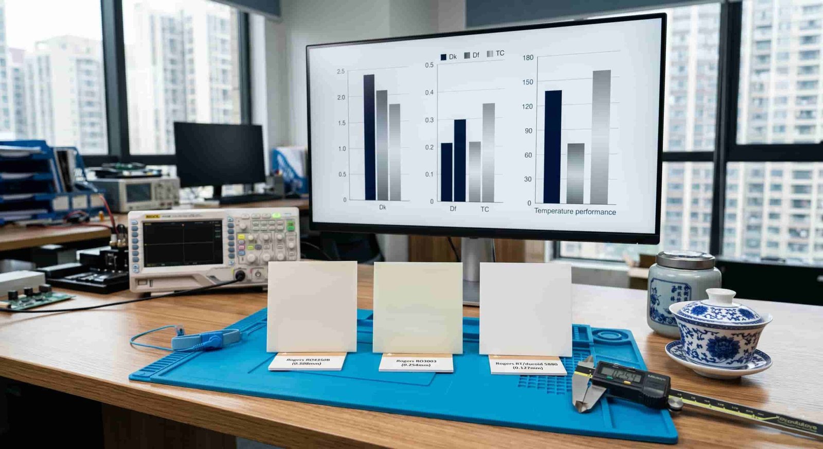 Material comparison for aerospace defense PCB showing Rogers RO4350B, RO3003 and RT5880 Dk Df and temperature range specifications for military and avionics applications
