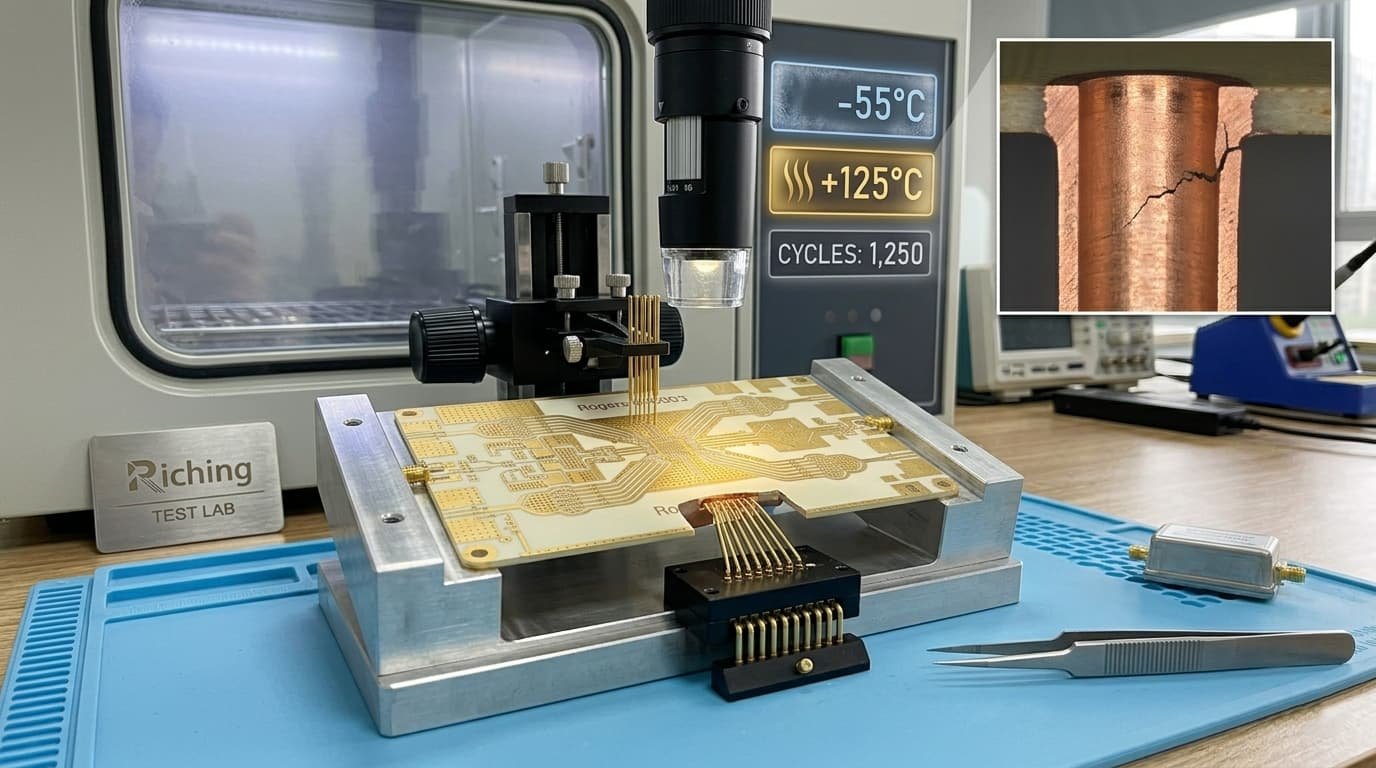 Thermal cycling reliability test for aerospace PCB showing via copper fatigue analysis from -55°C to +125°C temperature cycling for defense high frequency boards