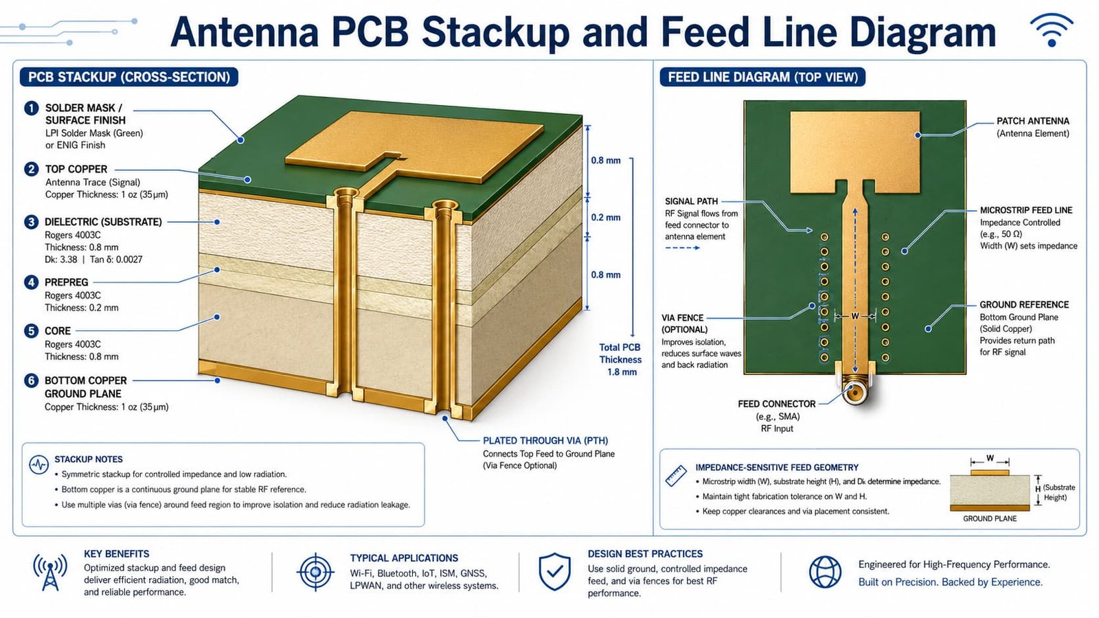 Antenna PCB Stackup and Feed Line Diagram