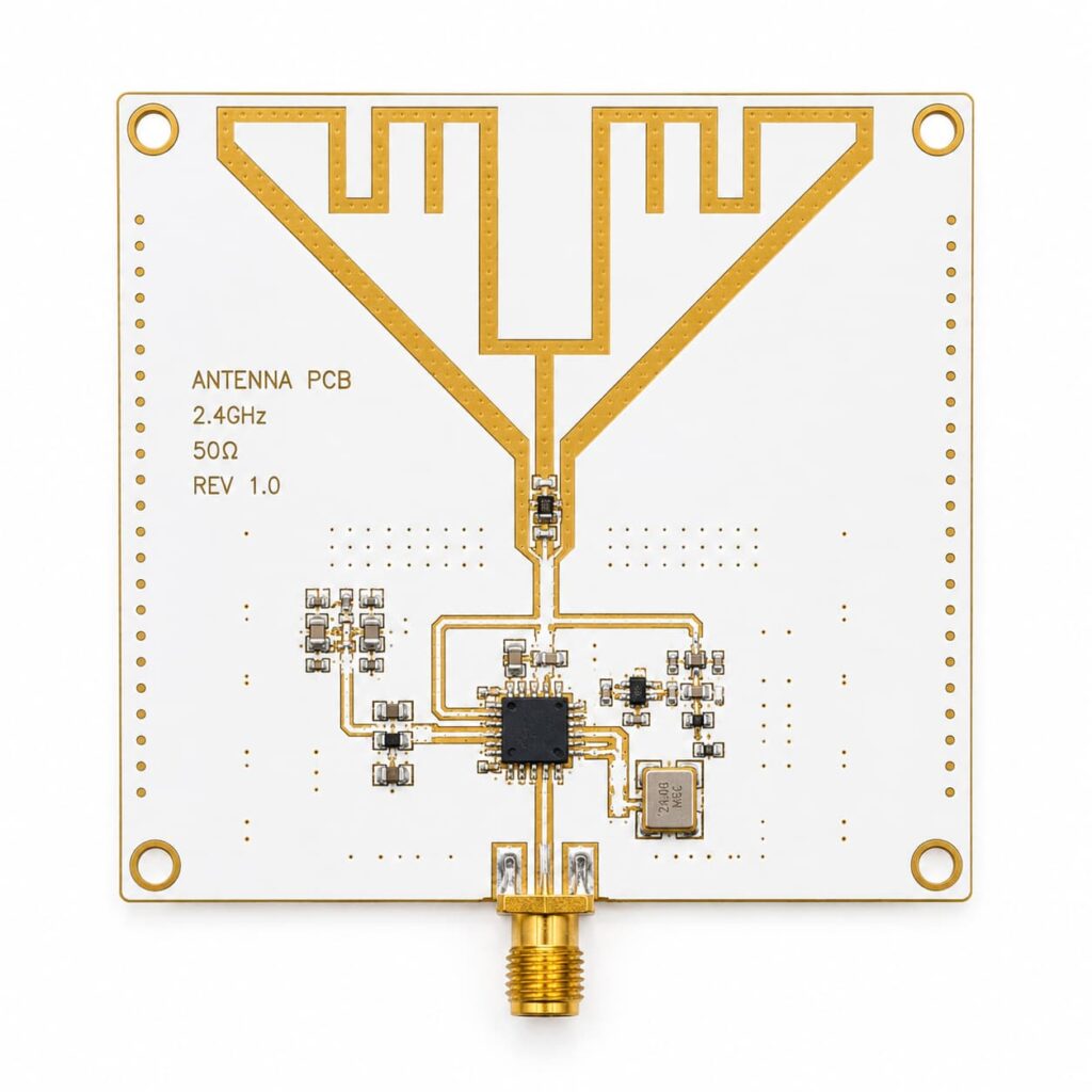 Antenna PCB on a white background with a gold 2.4GHz antenna trace, 50-ohm RF design, SMA connector, surface-mounted components, and plated through-holes for wireless communication applications.