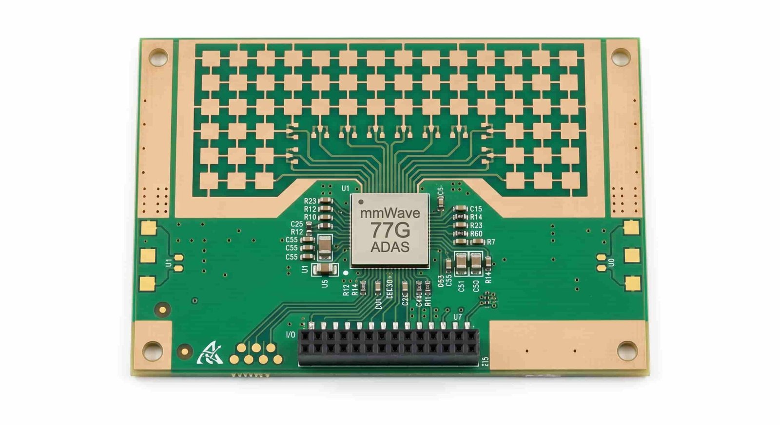High frequency PCB for 77GHz automotive radar showing antenna array and RF front-end circuit on Rogers low-loss laminate for ADAS systems