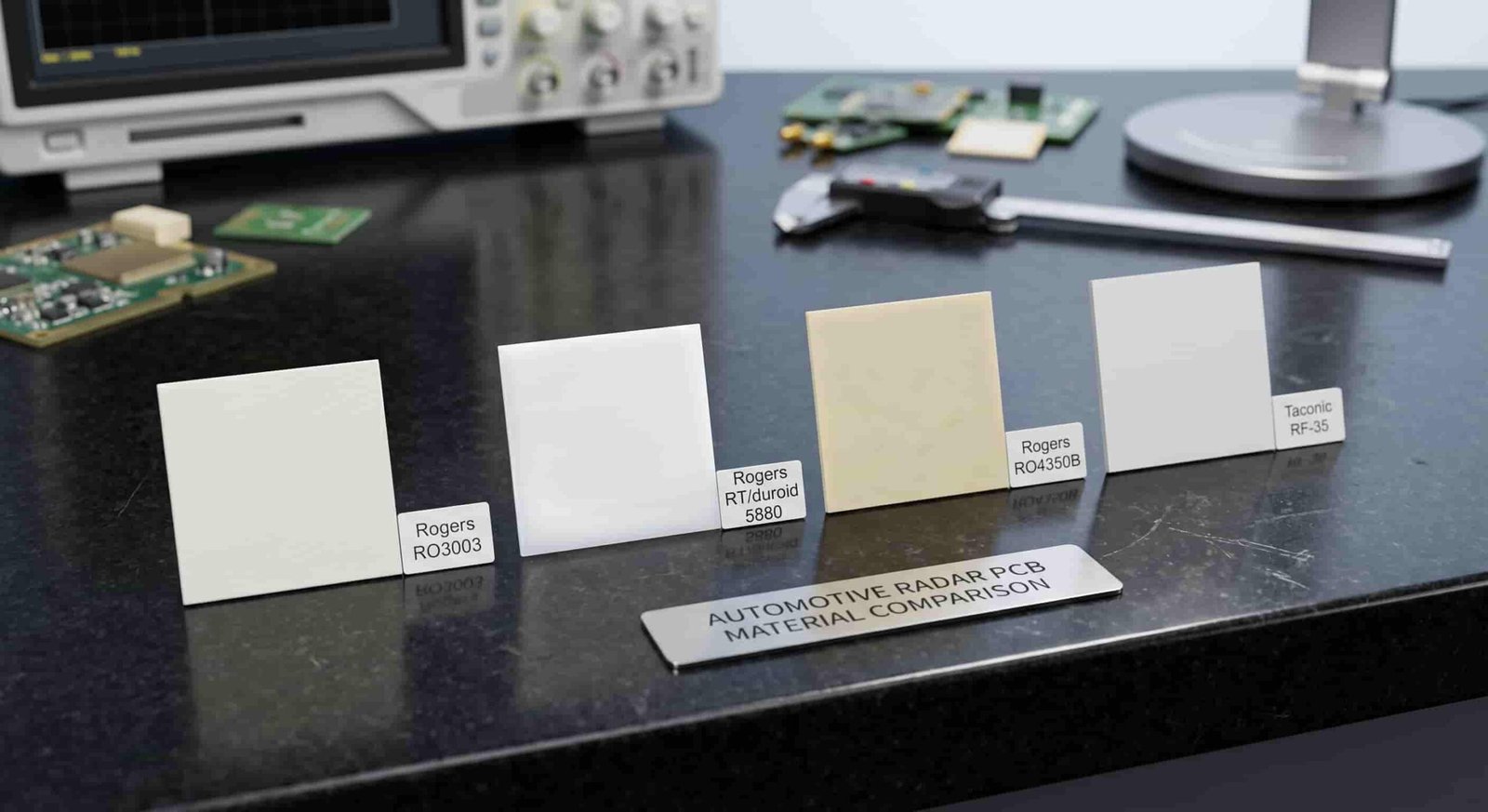Material comparison chart for automotive radar PCB showing Dk, Df and CTE values for Rogers RO3003, RT5880, RO4350B and Taconic RF-35 for 24GHz and 77GHz radar applications