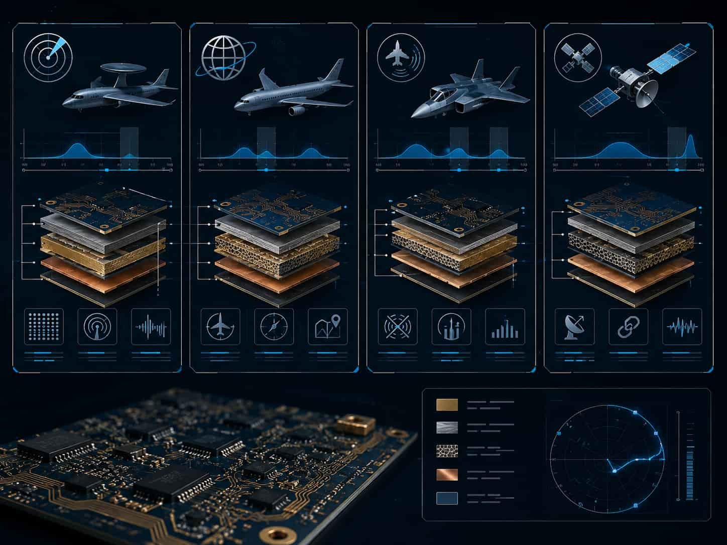 Avionics PCB application overview showing high frequency PCB used in airborne radar navigation electronic warfare and communication systems with Rogers material specifications