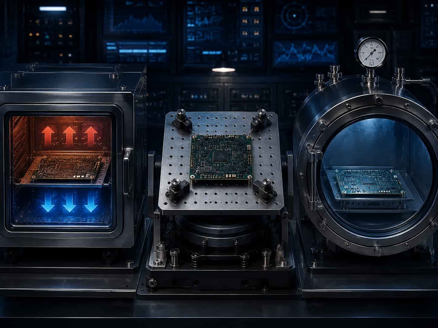 Avionics PCB DO-160 environmental qualification testing showing temperature cycling humidity vibration and altitude test for airborne electronics high frequency board