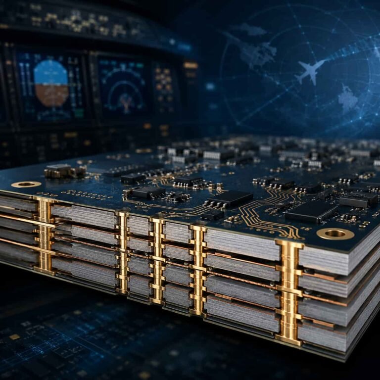 Featured image for avionics PCB guide showing high frequency Rogers PTFE circuit board used in airborne radar communication navigation and electronic warfare systems
