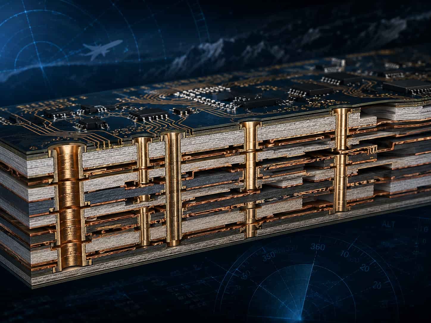 High frequency avionics PCB for airborne electronics showing Rogers PTFE multilayer board used in airborne radar navigation communication and electronic warfare systems