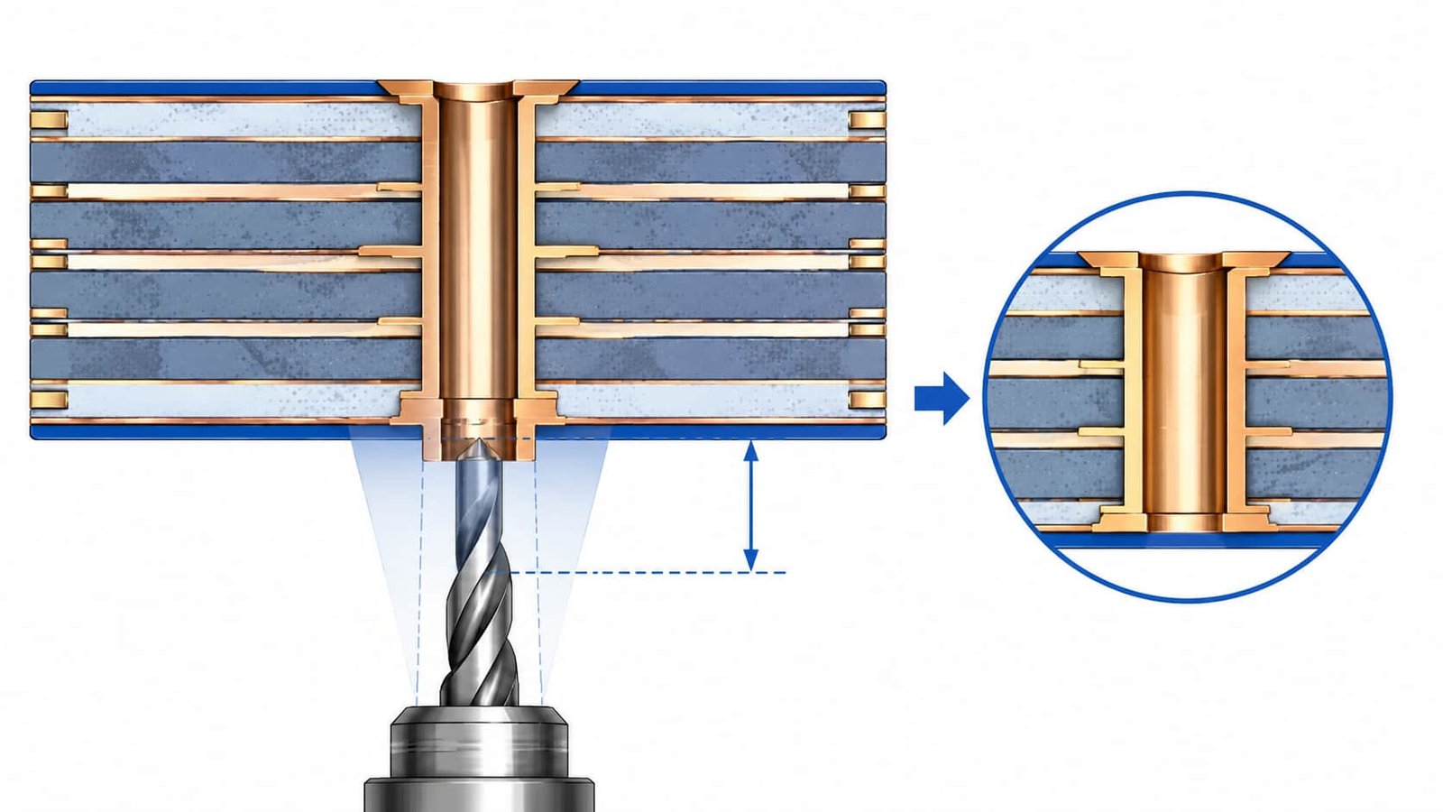 Back drill PCB manufacturing process showing controlled depth drill entering from the bottom side of a multilayer high frequency PCB to remove via stub