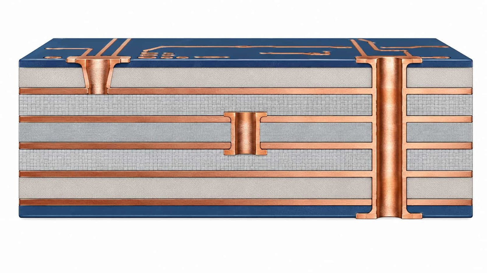 Cross-section of high frequency PCB showing blind via, buried via and through-hole via structure in multilayer RF and microwave circuit board