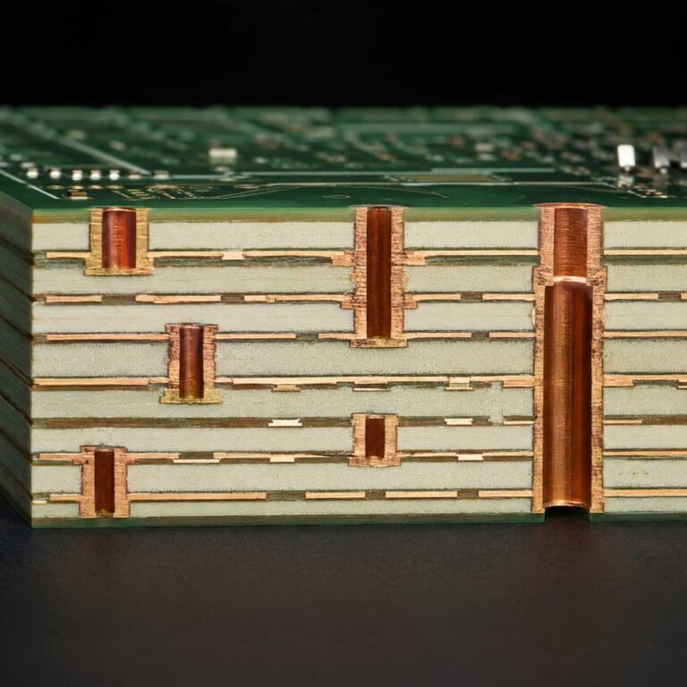 Featured image for blind and buried via guide showing HDI multilayer RF PCB cross-section with laser blind vias and buried via structure
