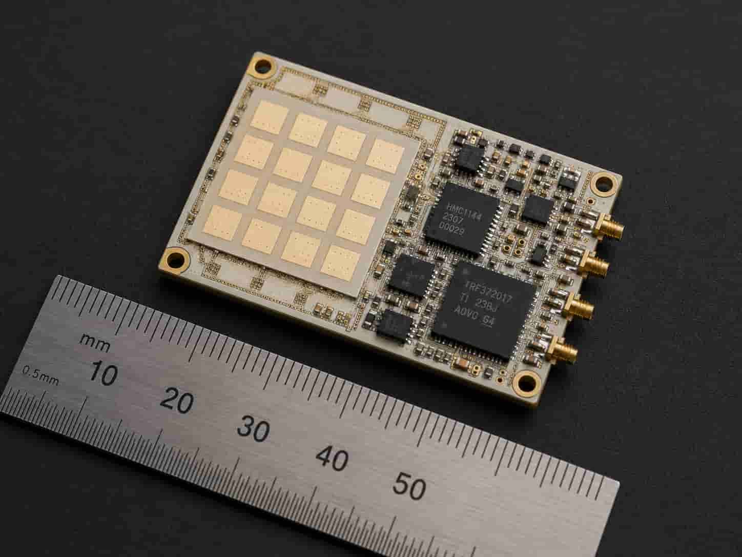 Compact SWaP-C optimized UAV high frequency PCB showing Rogers RO3003 thin multilayer board with miniaturized Ka-band antenna and RF front-end for drone SAR and surveillance payload
