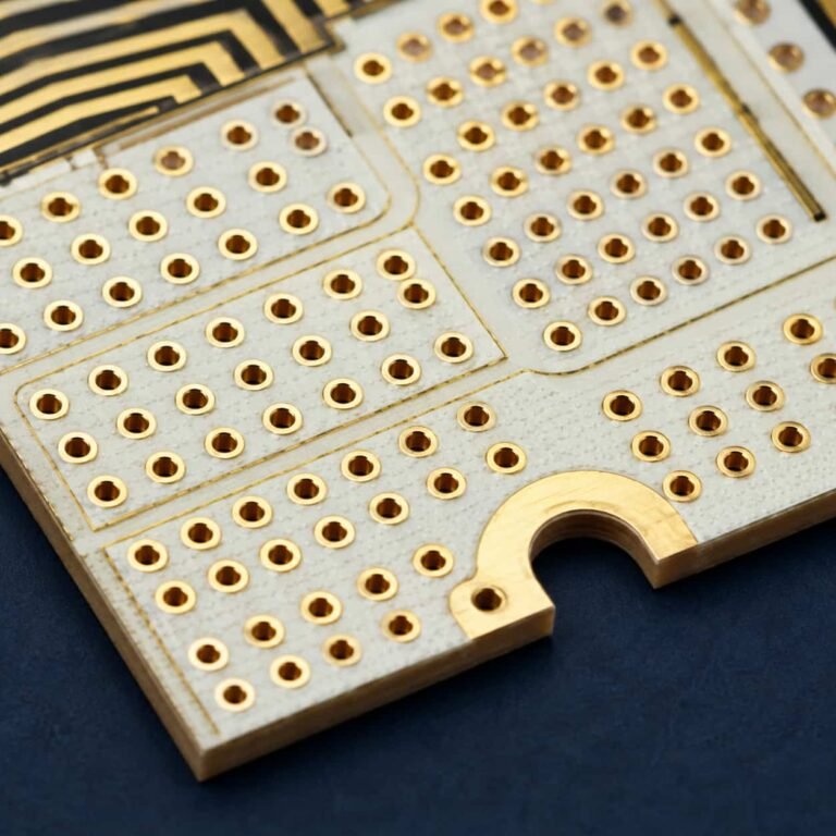 Featured image for high frequency PCB drilling guide showing via holes, aspect ratio and tolerance specifications for RF and microwave PCB manufacturing
