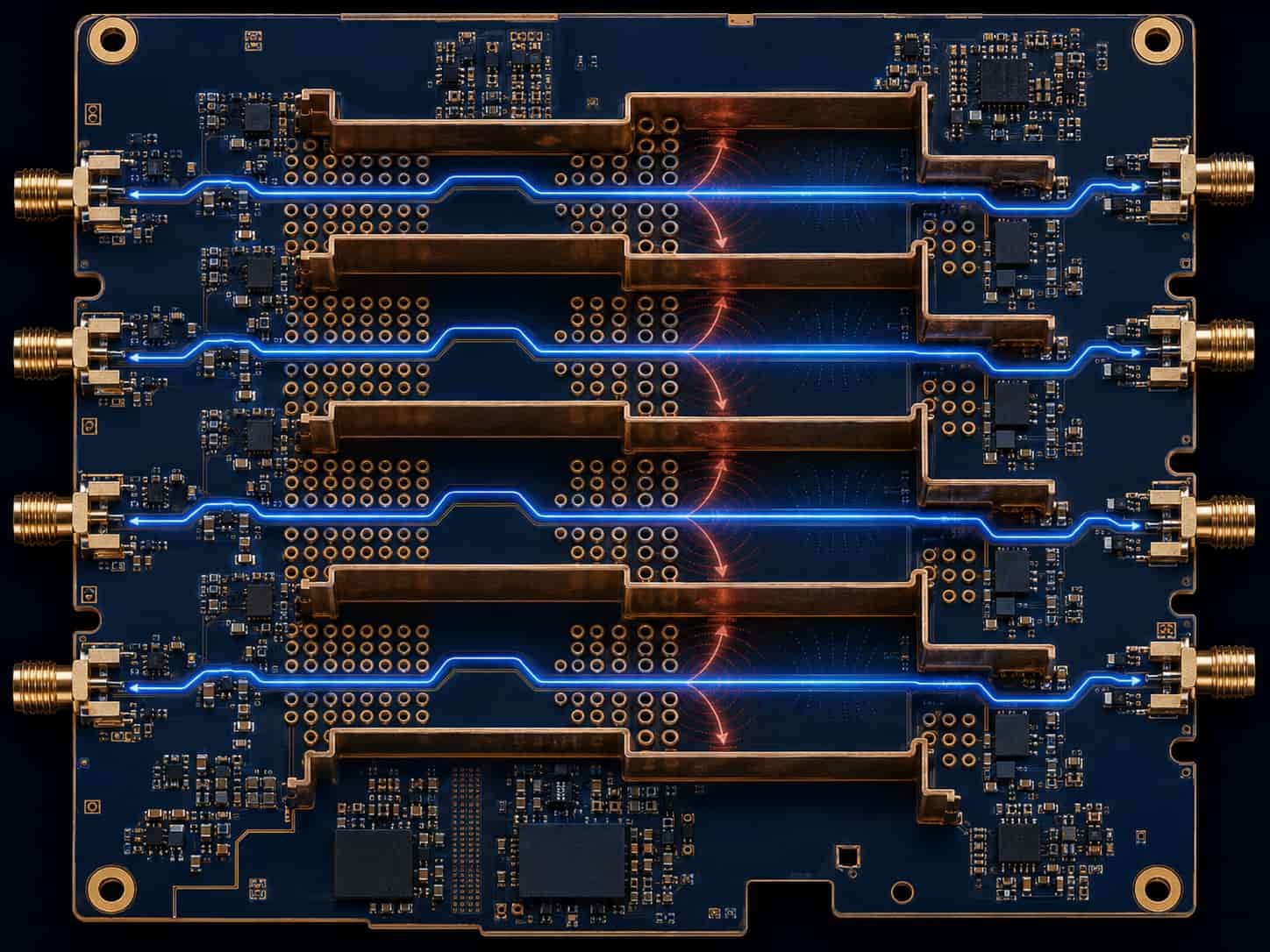 Electronic warfare PCB isolation design showing via fence arrays and copper shielding walls between EW receiver signal paths to prevent signal coupling and maintain high dynamic range