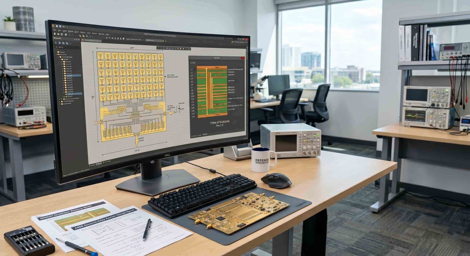 Engineer reviewing radar system high frequency PCB design files stackup and Rogers material specification before defense RF board manufacturing