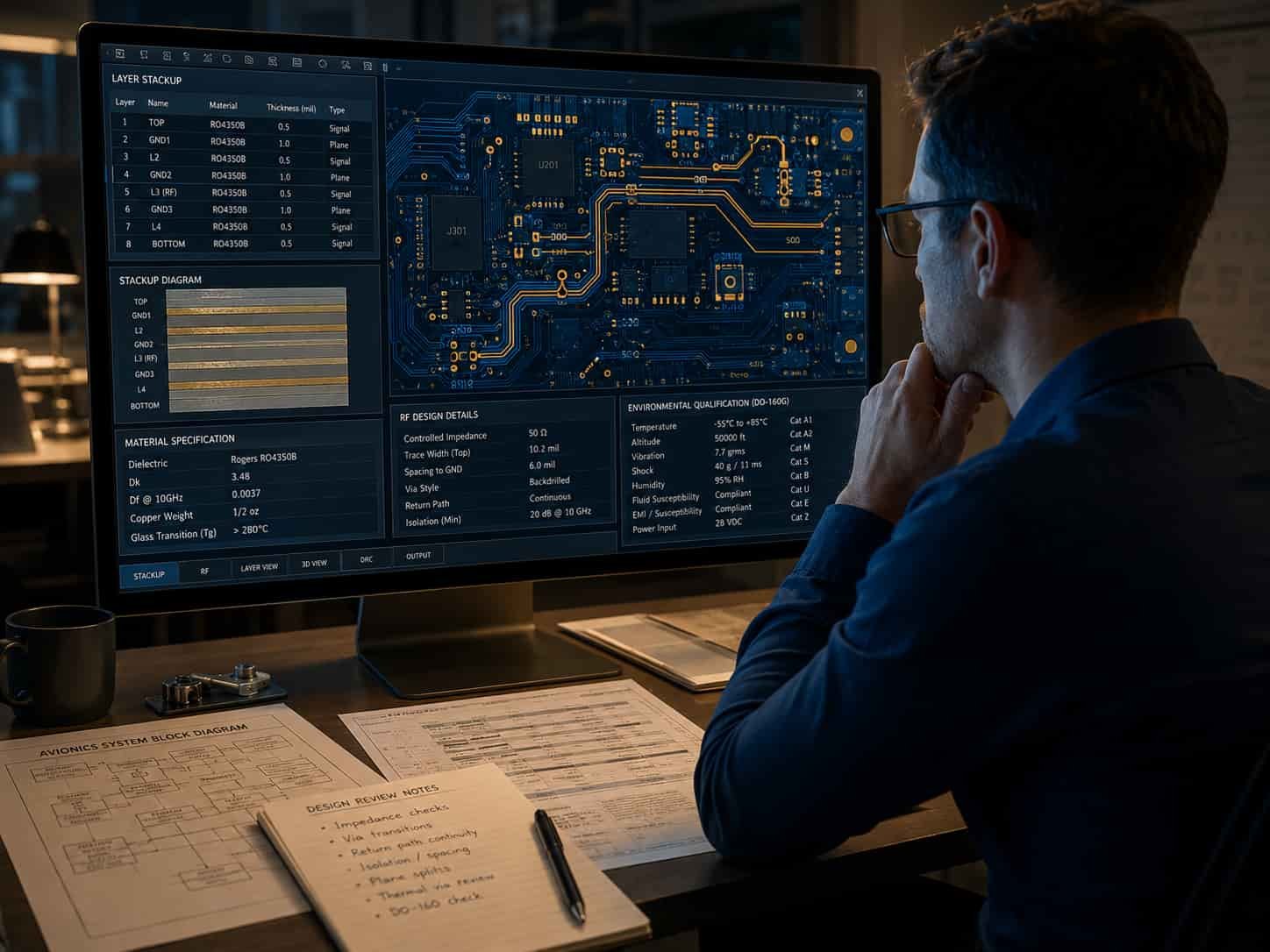 Engineer reviewing avionics PCB design files Rogers material stackup and DO-160 qualification requirements before airborne electronics high frequency board manufacturing