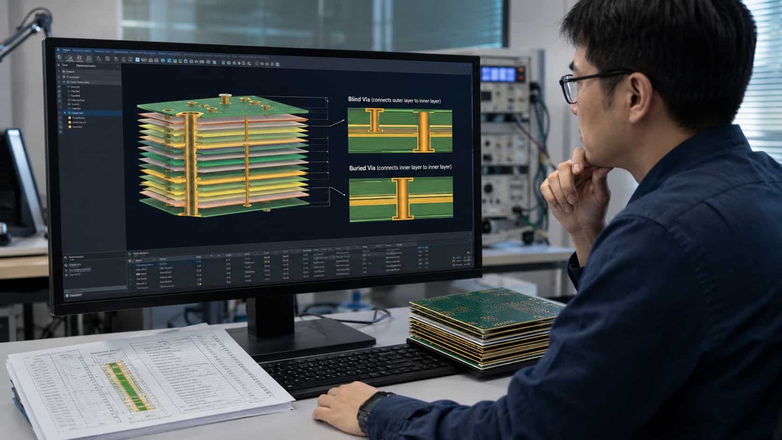 Engineer reviewing multilayer high frequency PCB stackup with blind buried via structure on screen before RF PCB manufacturing