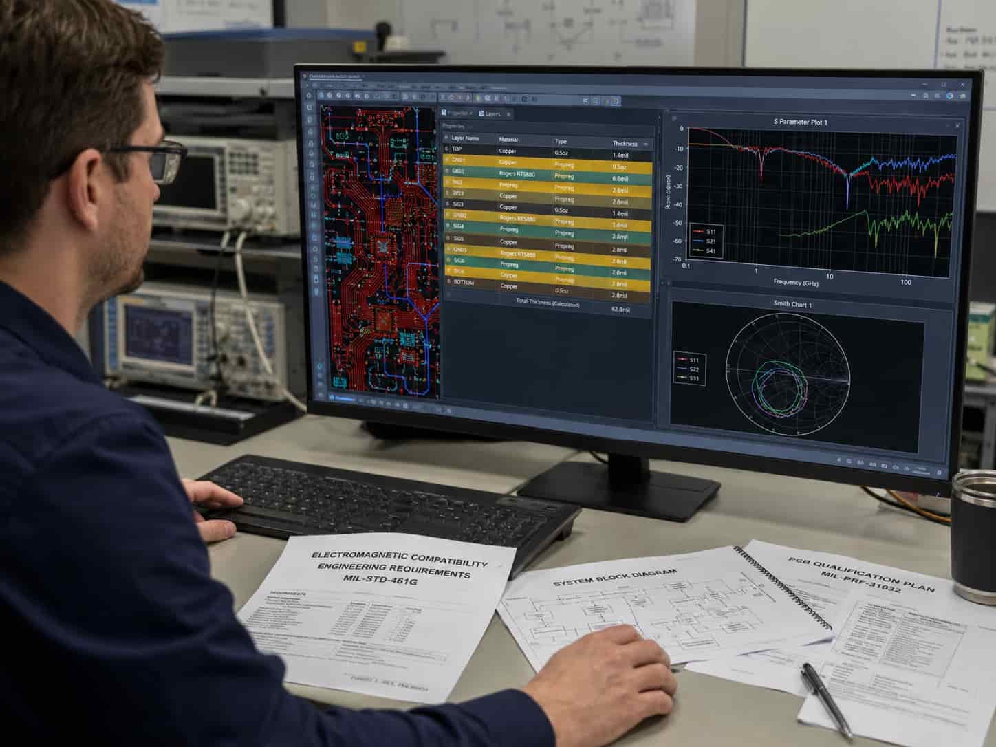 Engineer reviewing electronic warfare PCB design files Rogers RT5880 material stackup and MIL-STD-461 EMC requirements before wide-band EW system high frequency board manufacturing
