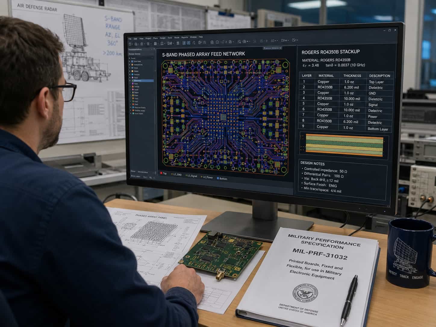 Engineer reviewing ground-based air defense phased array radar PCB design files Rogers material stackup and IPC Class 3 qualification requirements before high frequency board manufacturing
