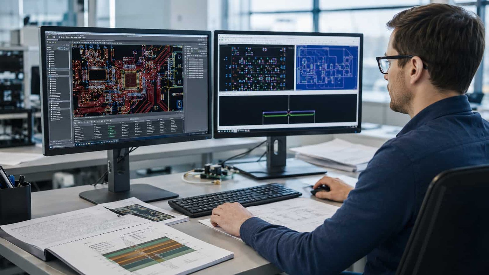 Engineer reviewing high frequency PCB Gerber files and drill file specifications on screen before RF PCB manufacturing