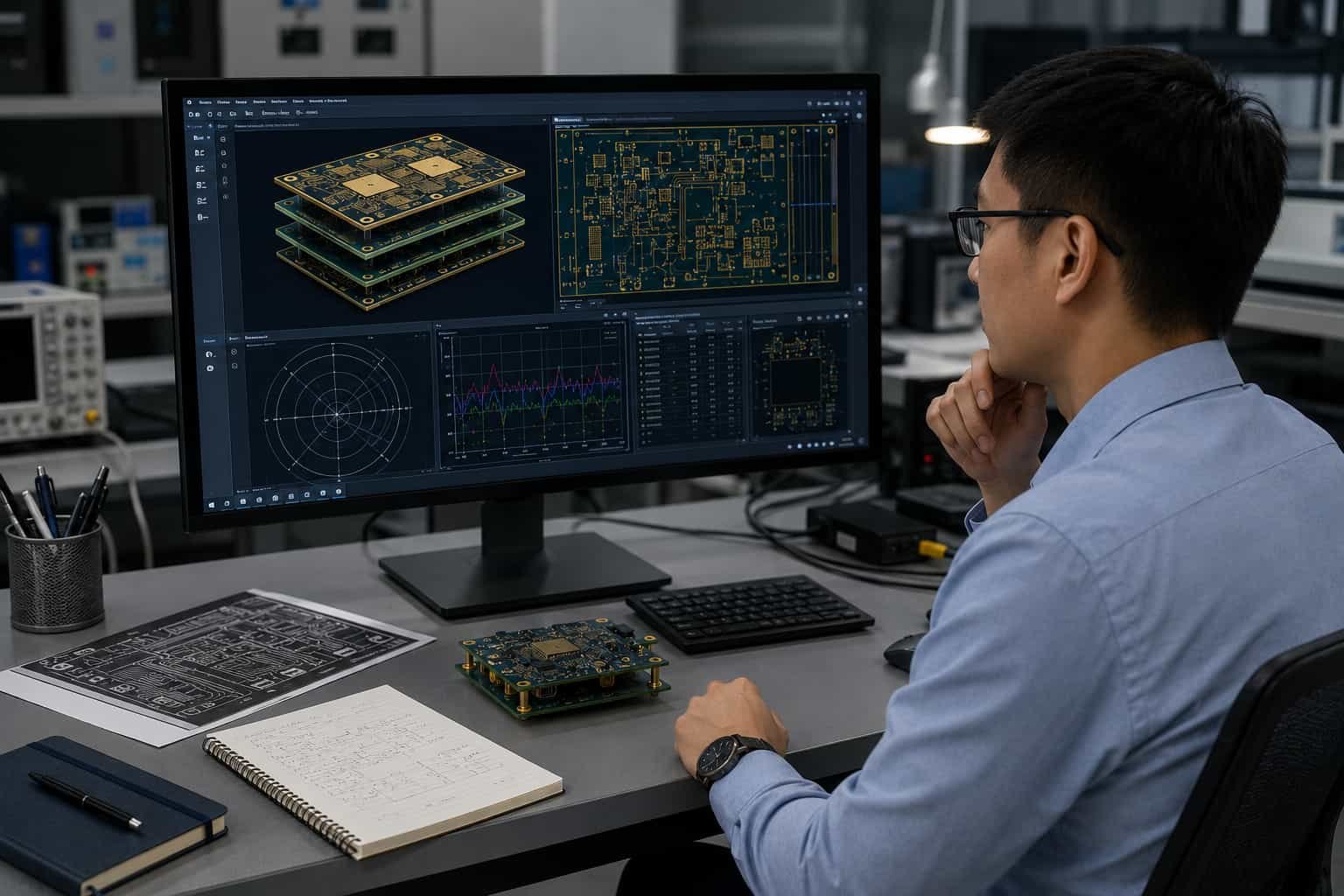 Engineer reviewing missile seeker PCB design files Rogers material stackup and high-g shock qualification requirements before high frequency guidance electronics manufacturing